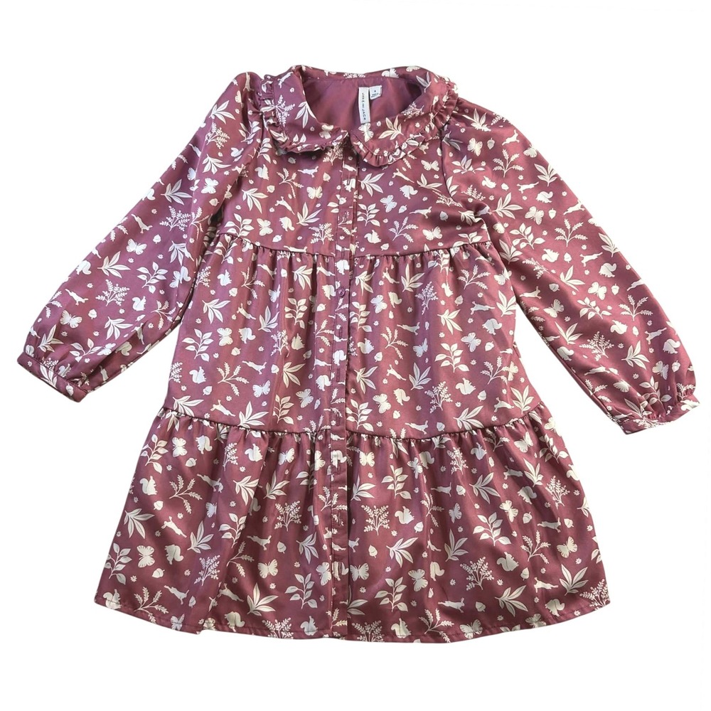 Janie and Jack Girls Mauve Pink Woodland Animal Tiered Button Front Dress Size 8